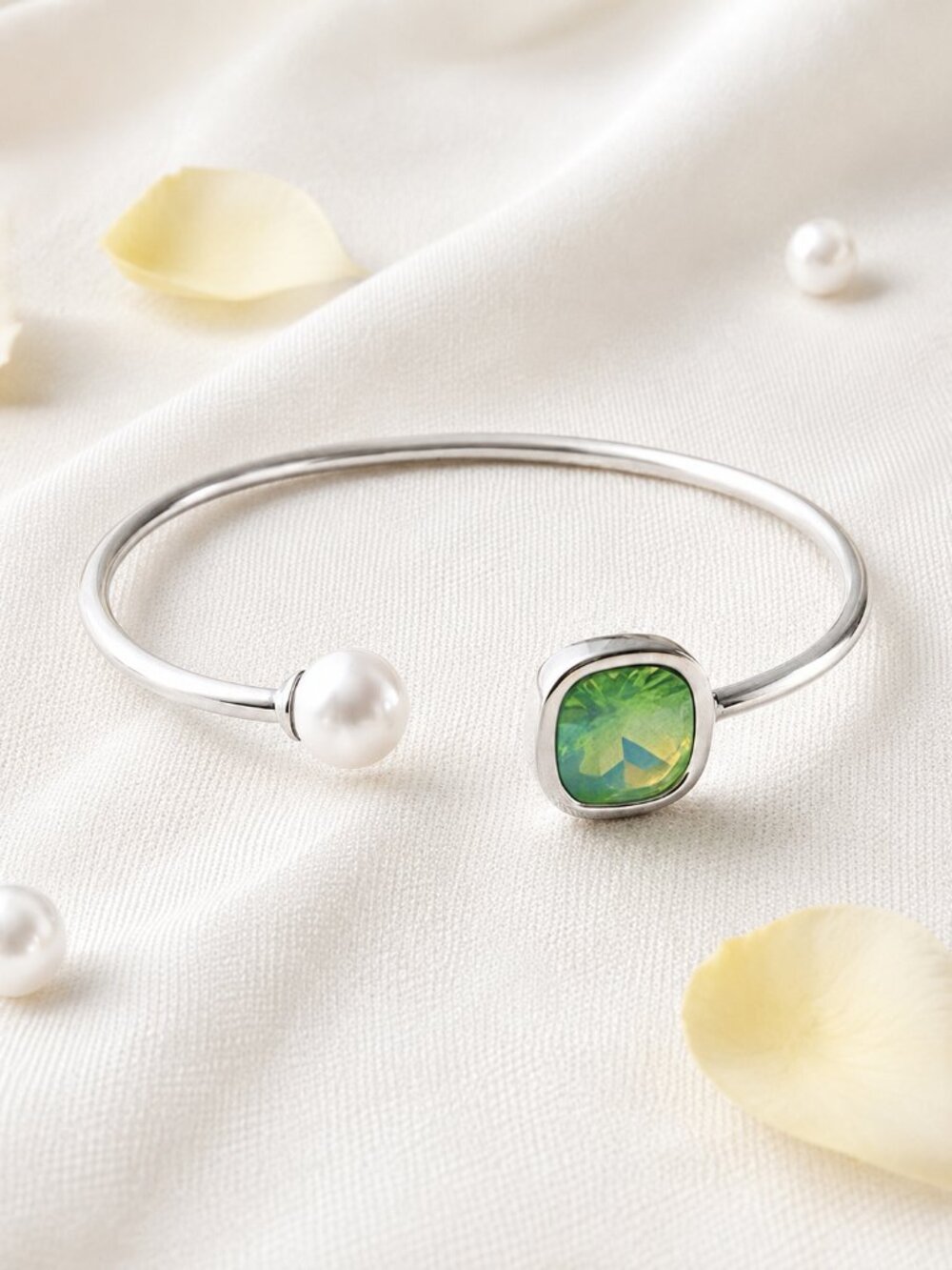 Green Crystal Pearl 18K White Gold Plated Stainless Steel Cuff Bracelet Set - Picture 11 of 13